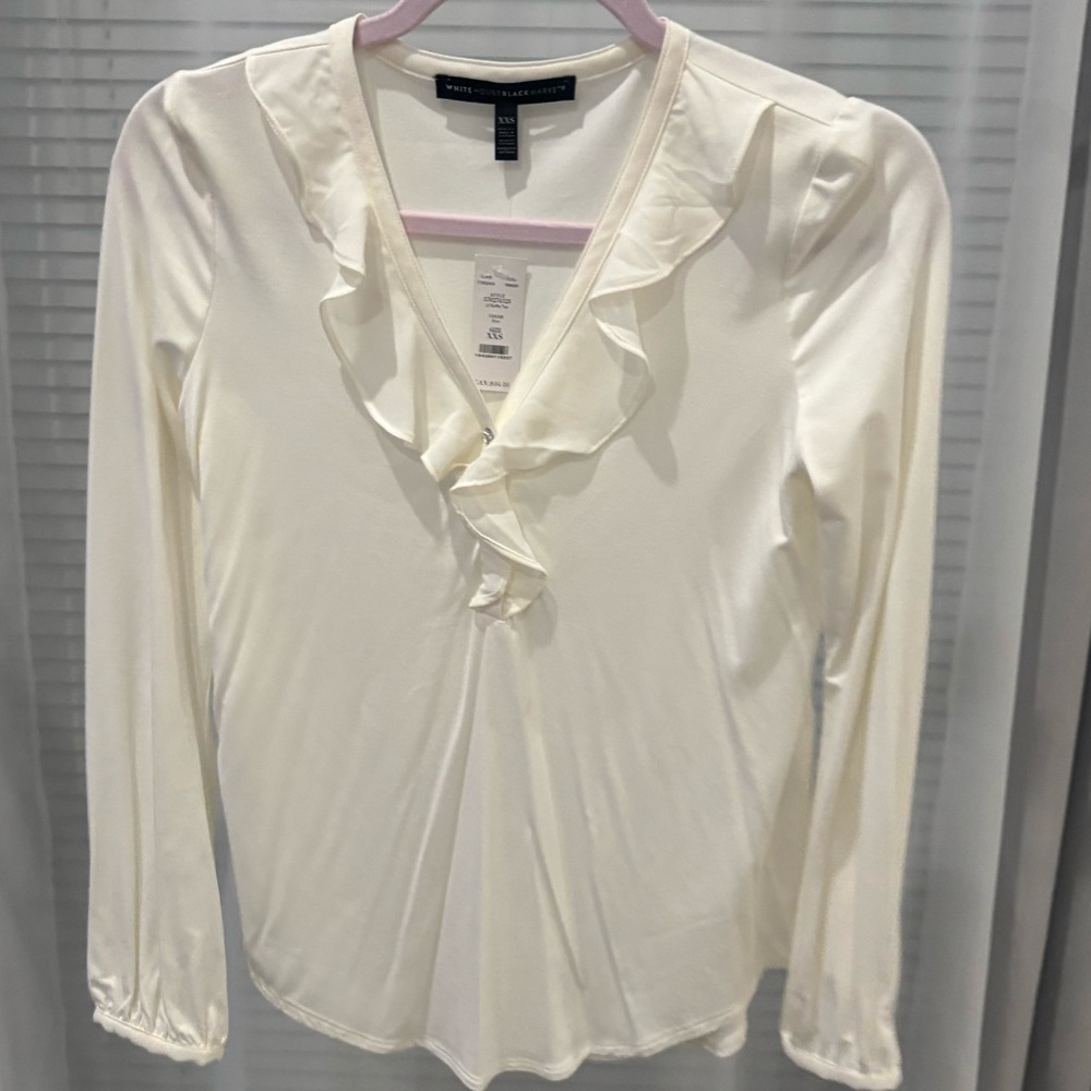 White House Black Market WHBM White Ruffled V-Neck Blouse
